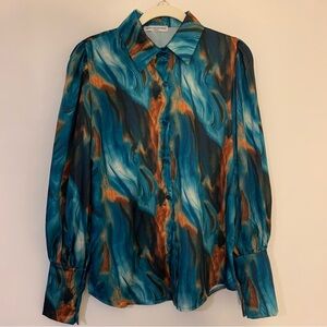 New Collection Teal Blue and Brown Swirl Blouse Classic Sleeve • Size Large NWOT